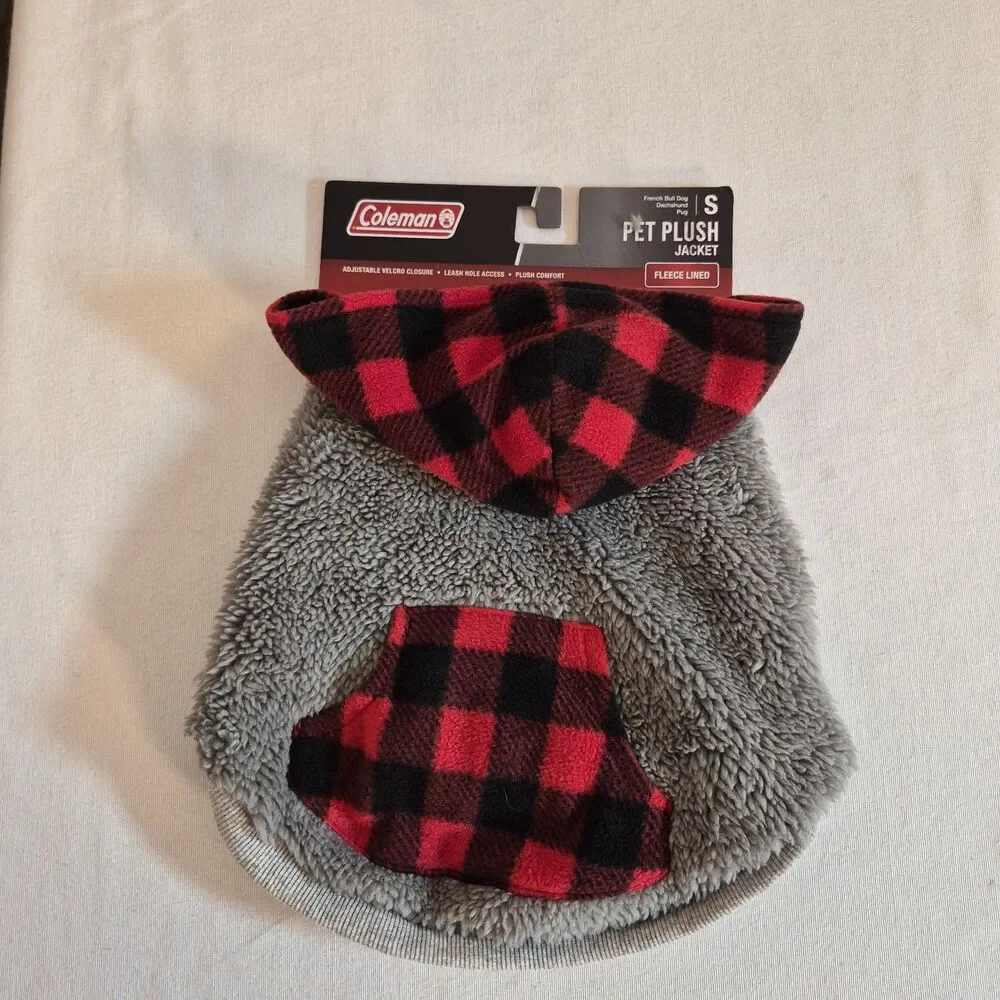 Coleman Pet Plush Jacket Size S Fleece Lined Red Buffalo Check Gray